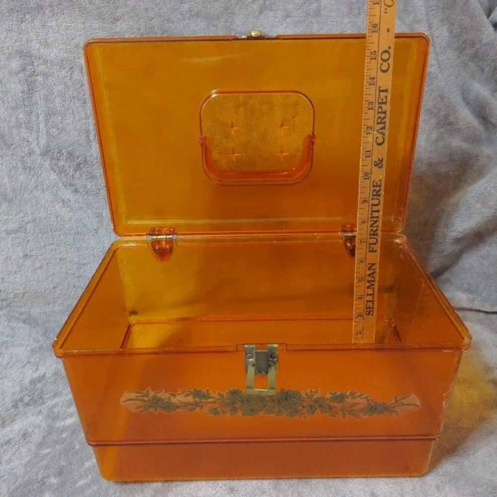 Vtg Wil-Hold Amber Orange Translucent Plastic Sewing Box MCM Case Gold Floral